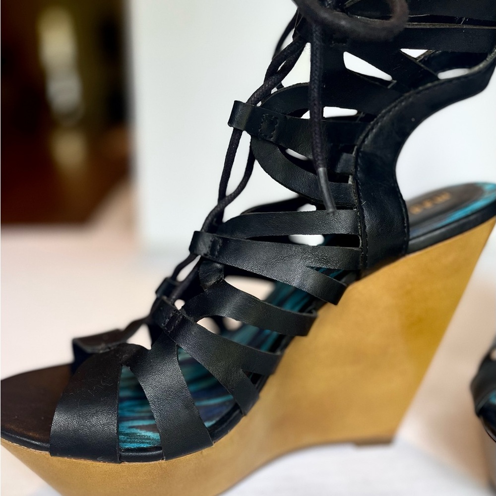 Madden Girl Black and Tan Strappy Wedges